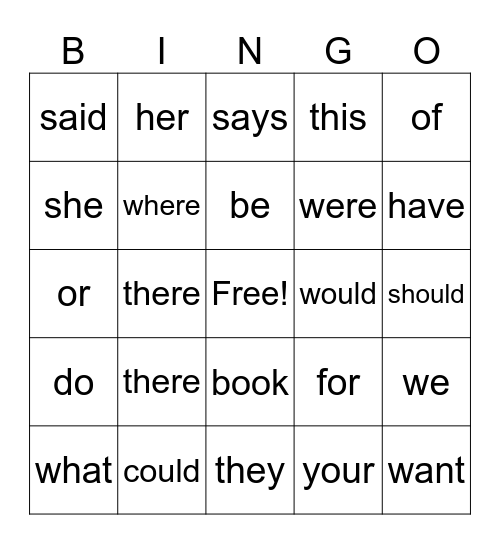 Heart Word Bingo Card