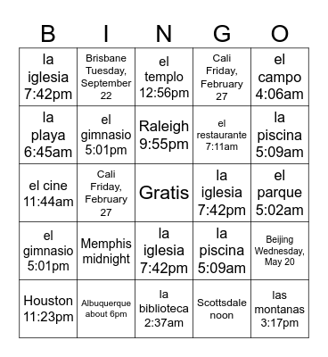 Where and When? Bingo Card