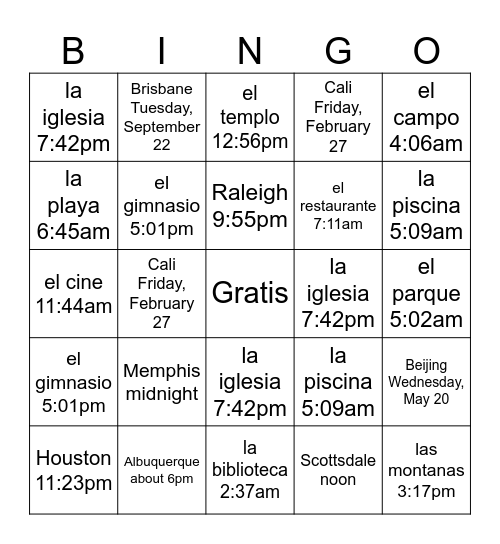 Where and When? Bingo Card