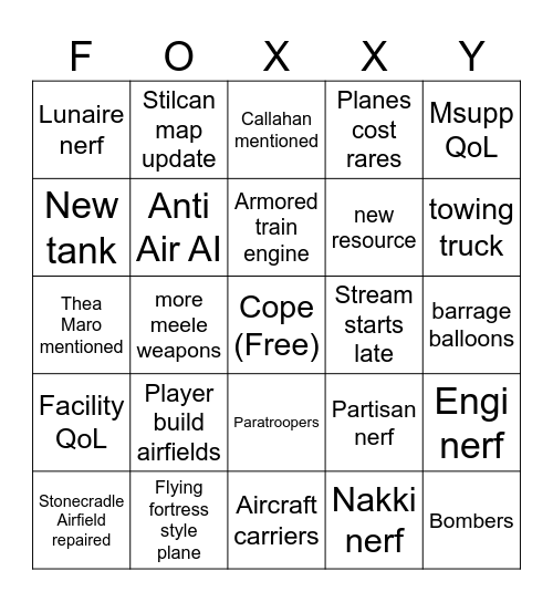 Foxhole Airborne Bingo Card