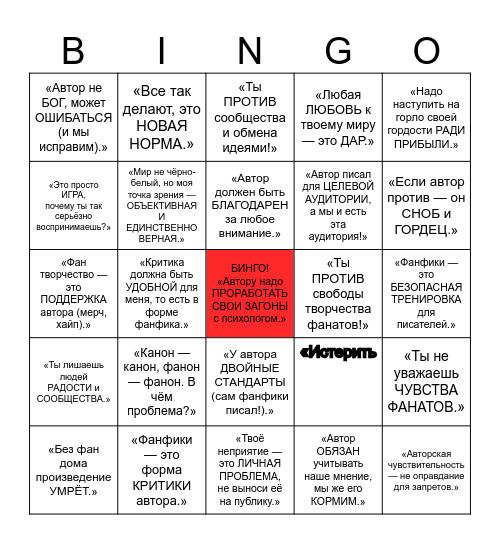 Бинго эгоцентричного фаната Bingo Card