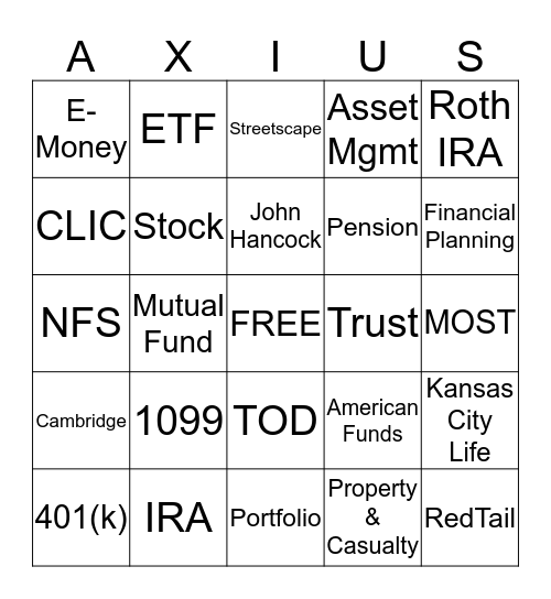 AXIUS Financial Bingo Card