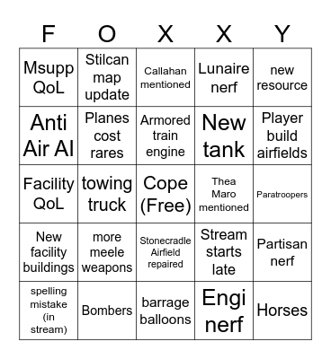 Foxhole Airborne Bingo Card