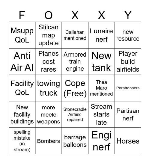 Foxhole Airborne Bingo Card