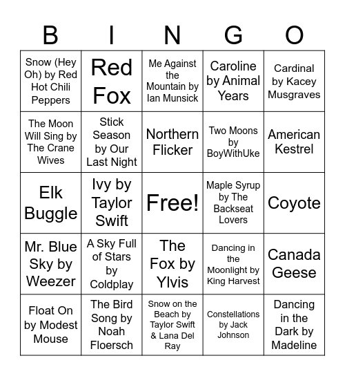 Nature Music Bingo - Winter Bingo Card