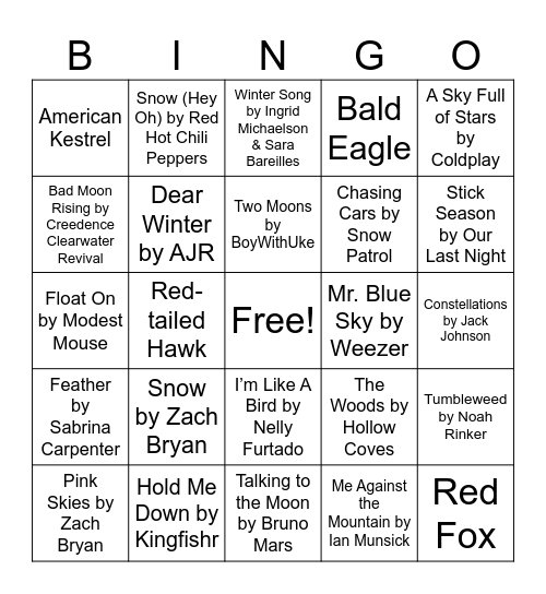 Nature Music Bingo - Winter Bingo Card