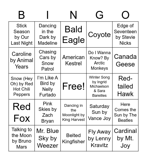 Nature Music Bingo - Winter Bingo Card
