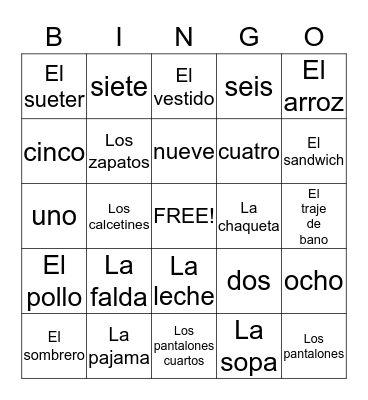 Clothes and food en espanol! Bingo Card