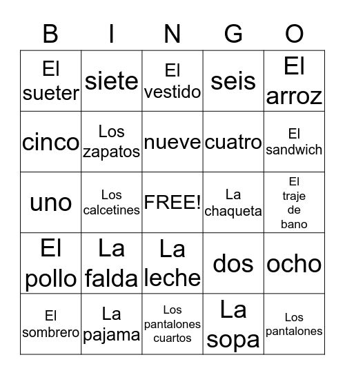 Clothes and food en espanol! Bingo Card