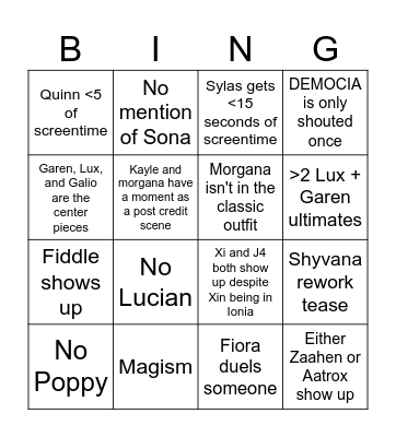 LOL Cinematic Bingo Card