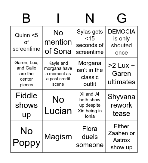 LOL Cinematic Bingo Card