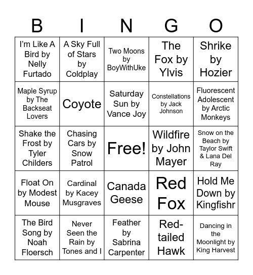Nature Music Bingo - Winter Bingo Card