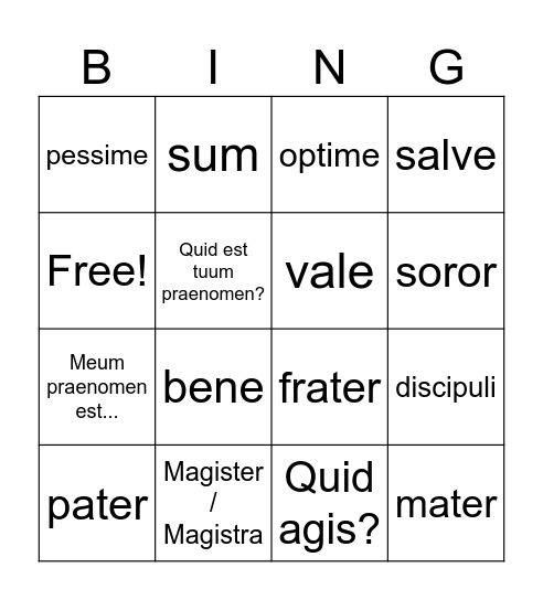 Song School Latin to lessone 4 Bingo Card