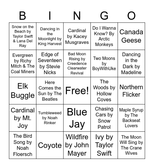 Nature Music Bingo - Winter Bingo Card