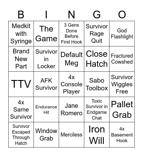 DBD Killer Bingo Card