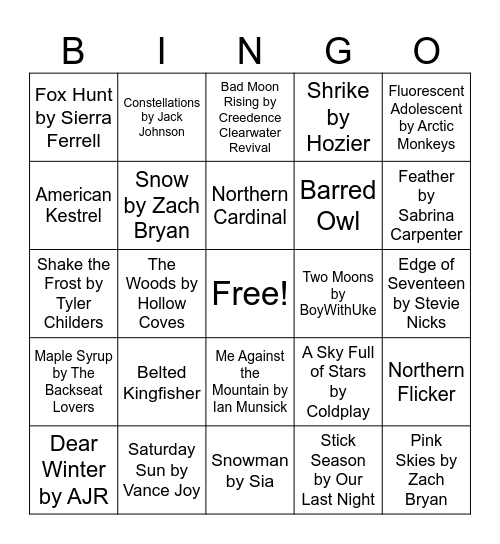 Nature Music Bingo - Winter Bingo Card