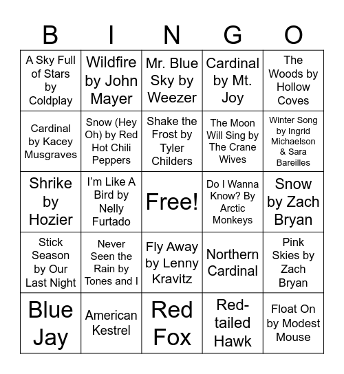 Nature Music Bingo - Winter Bingo Card