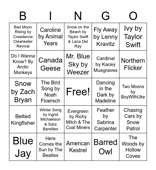 Nature Music Bingo - Winter Bingo Card
