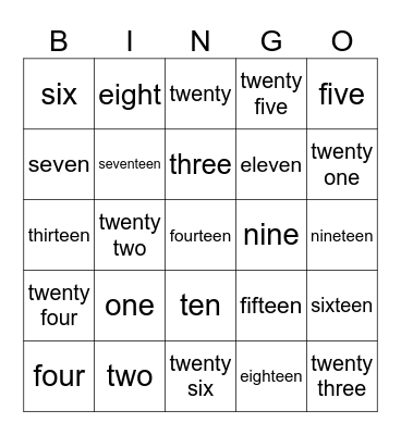 Numbers Bingo Card