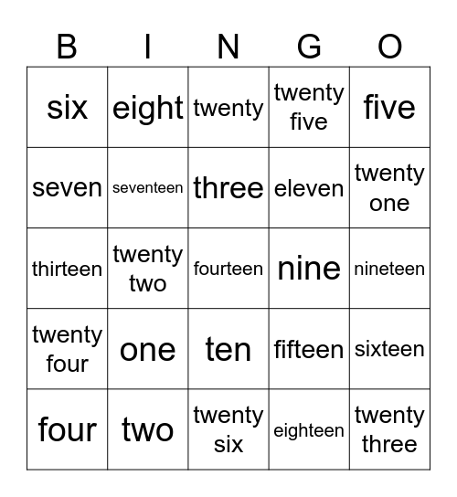 Numbers Bingo Card