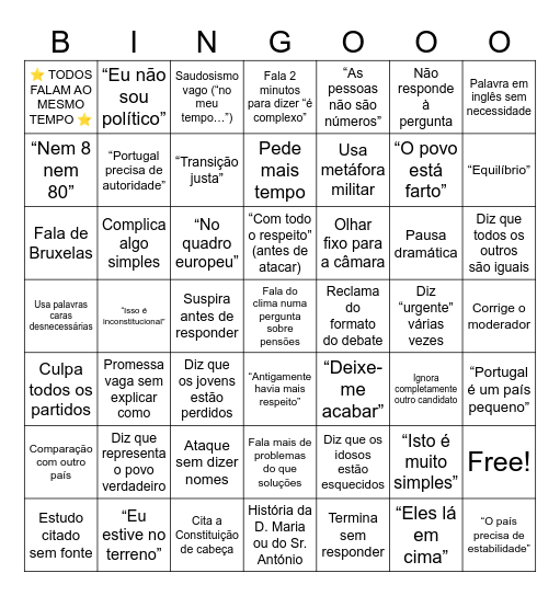 Debate dos 11 Bingo Card