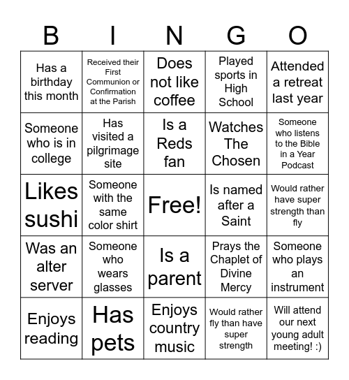 Catholic Human Bingo! Bingo Card