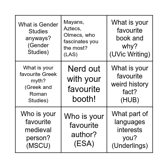 Humanities and Arts Bingo Card