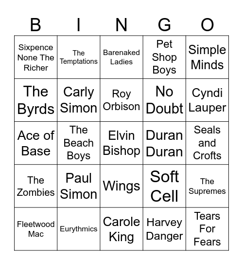 Game 2 - 60s to 90s Bingo Card