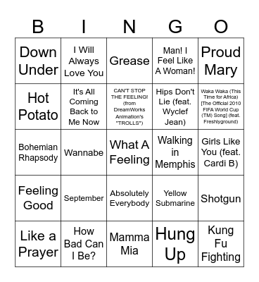 Bayley House Musical Bingo Card