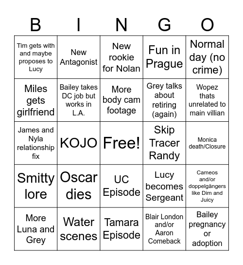 Rookie Season 8 Bingo Card