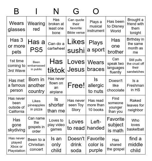 Youth Group Bingo Card