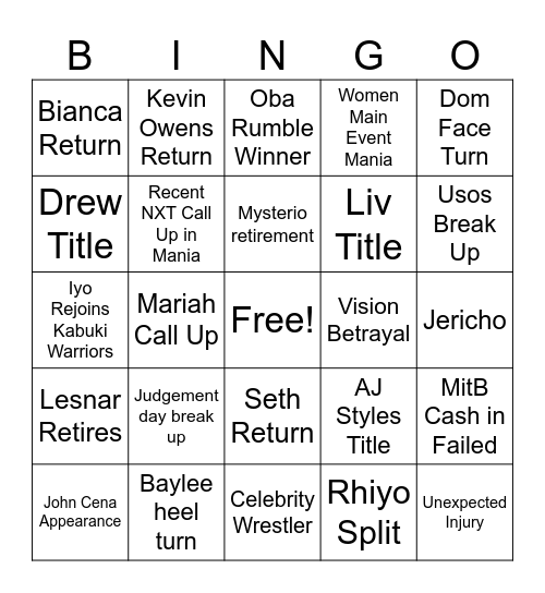 WWE 2026 Bingo Card