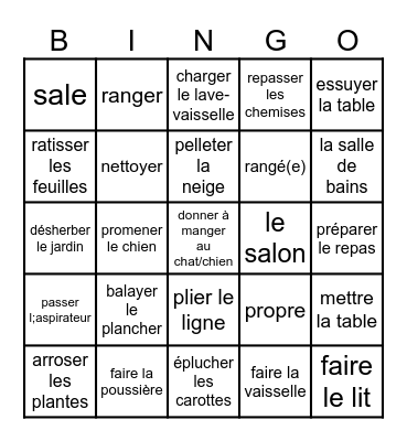Les tâches ménagères (chores) Bingo Card