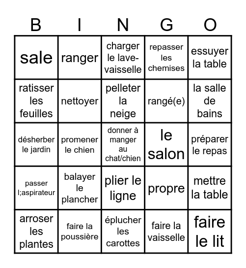 Les tâches ménagères (chores) Bingo Card