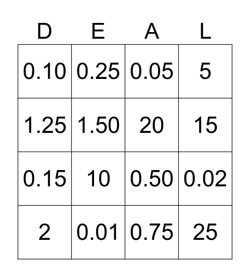 Deal or No Deal Bingo Card