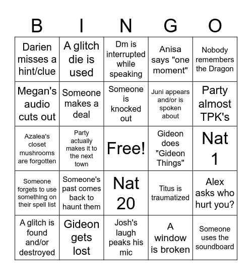 Dnd Session Bingo Card
