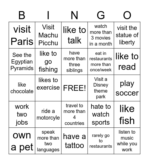 ESOL Ice Breaker Bingo Card