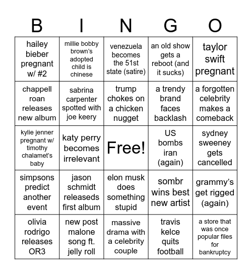 2026 Prediction Bingo Card Bingo Card