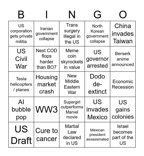 Crazy 2026 Bingo Card