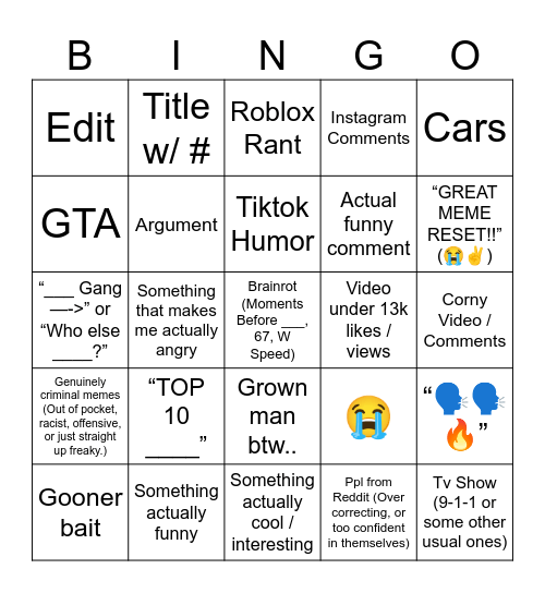 Youtube Shorts Bingo Card