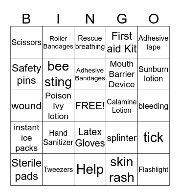 Boy Scout First Aid Bingo Card
