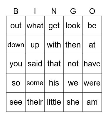 sight words Bingo Card