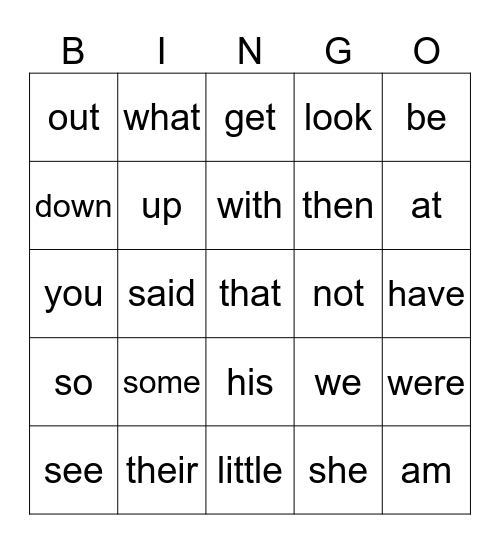 sight words Bingo Card