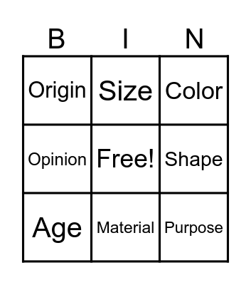 Adjective Order Bingo Card