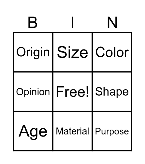 Adjective Order Bingo Card