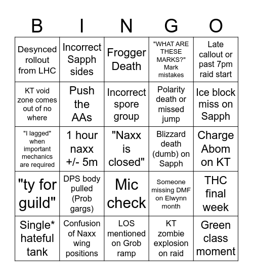 The Final Naxx Bingo Card