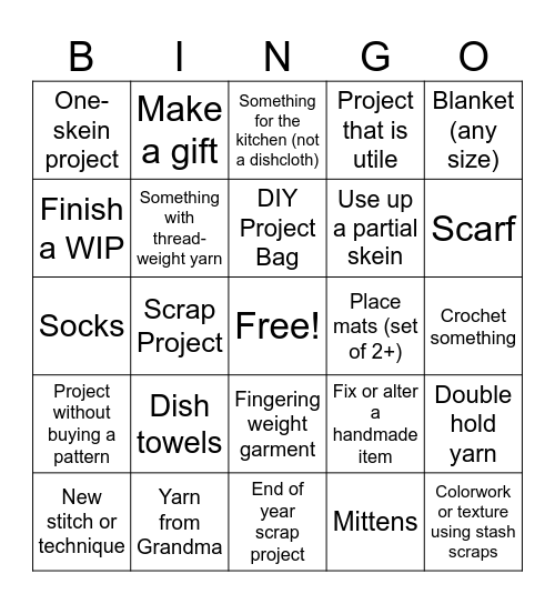 Yarn Stash Bust Bingo Card