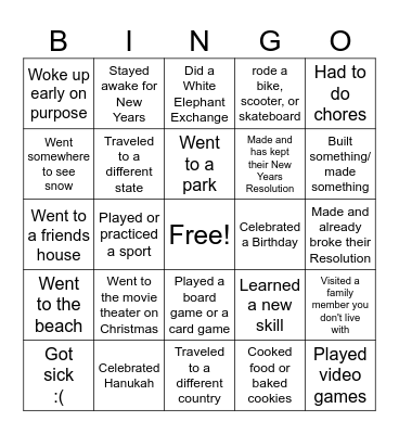 Back from Winter Break Bingo Card