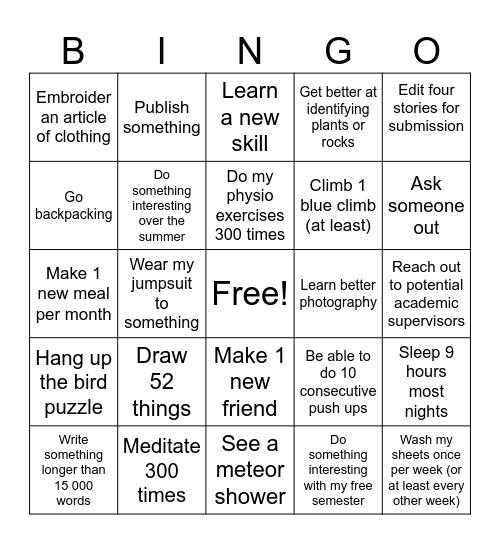 New Year's Resolutions 2026 Bingo Card