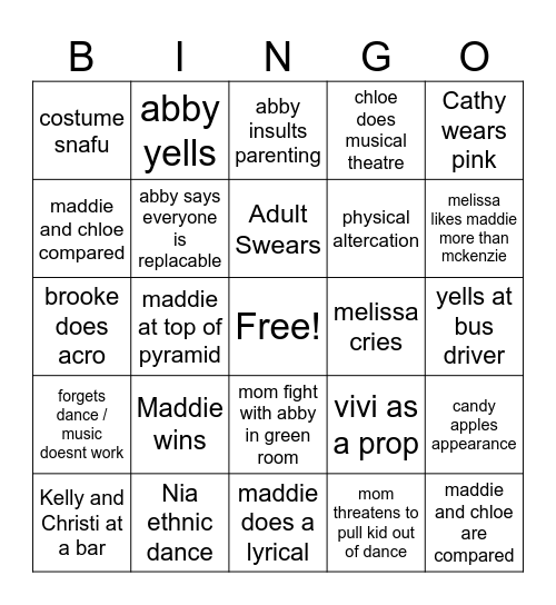 Dance Moms Bingo Card